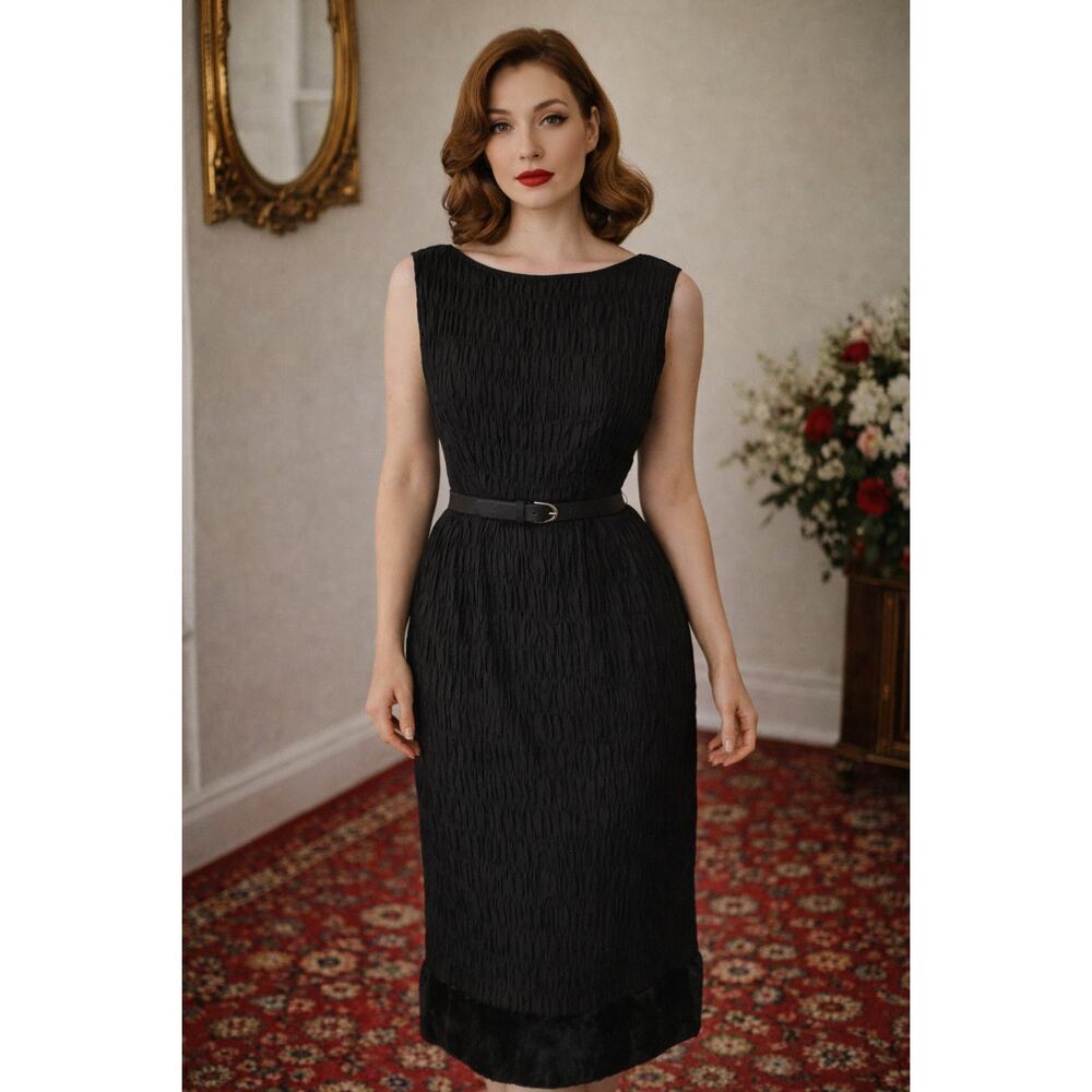 50s L'Aiglon Little Black Dress Boatneck Belted Wiggle Dress - S
